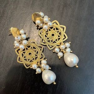 Gold and pearl chandelier earrings